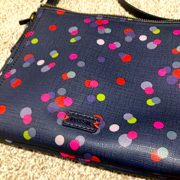 FOSSIL EMMA NAVY POLKA DOT CROSSBODY BAG WITH  KEY FOB - Picture 3 of 9